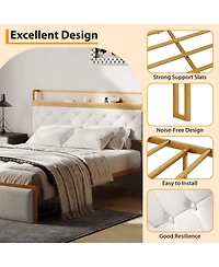 homfan Platform Bed Frame for Kids with Headboard, 2 Storage Drawers, Led Lighting, Usb Ports and Power Outlets, Silent, No Box Spring Needed