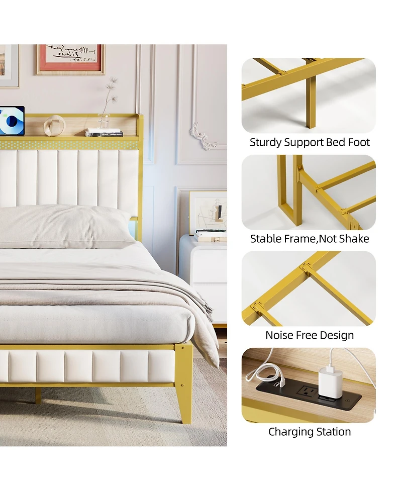 homfan Modern Upholstered Platform Bed with Storage Headboard, Led Lighting and Built-in Charging Station