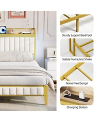 homfan Modern Upholstered Platform Bed with Storage Headboard, Led Lighting and Built-in Charging Station