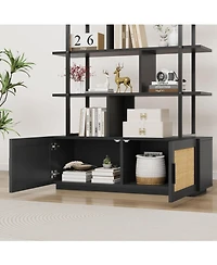 gaomon 5-Tier Tall Rattan Office Bookshelf - 71.1 Inch Industrial Bookcase - Storage Cabinet with Door - Metal Frame, Open Display Shelves
