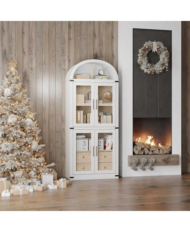 gaomon 71.7 Inch Tall Arched Bookcase, Glass Door Arched Cabinet with 2 Inner Drawers, Freestanding Arched Display Storage Cabinet