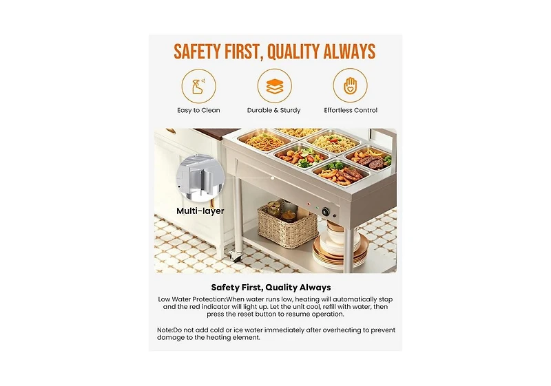 Aecojoy Commercial Food Warmer 1500W Electric Steam Table with 6x10QT Pans and Shelf