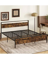 Slickblue Modern Industrial Bed Frame with Wood Headboard and Metal Base