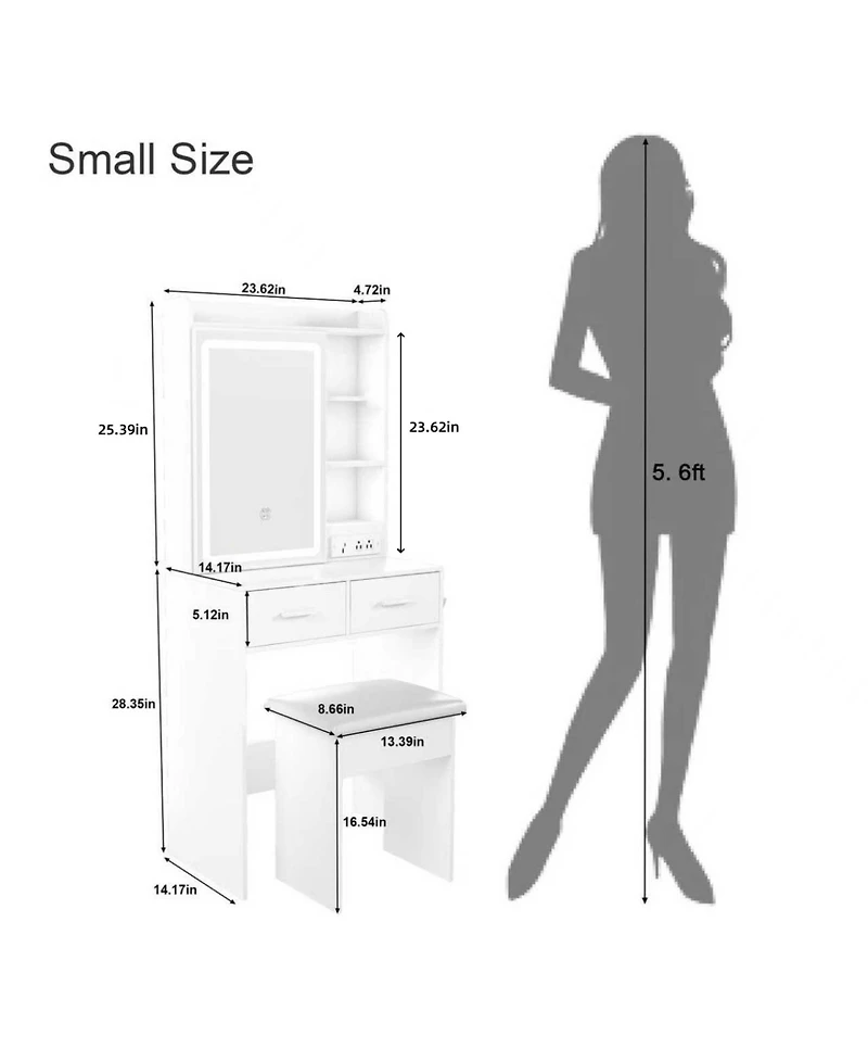Rainsken Makeup Vanity Desk with Led Lighted Mirror, Dressing Table Set with Padded Stool, Power Outlet, 2 Drawers and 6 Shelves for Bedroom