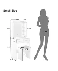 Rainsken Makeup Vanity Desk with Led Lighted Mirror, Dressing Table Set with Padded Stool, Power Outlet, 2 Drawers and 6 Shelves for Bedroom