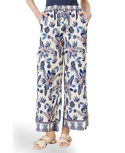 Yumi Women's Bird Print Viscose Wide Leg Trousers