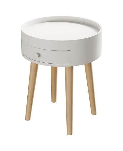 Rainsken Round Nightstand with Storage Drawer, Compact Oak Legs Bedside Table, Sofa Side Coffee Table for Bedroom, Living Room