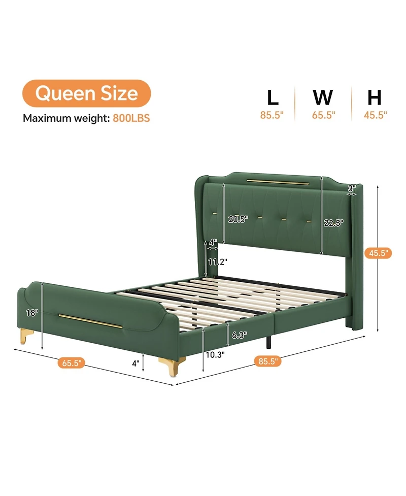 Lucky One Modern Upholstered Bed Frame, Queen Size Platform Bed with Wingback Headboard