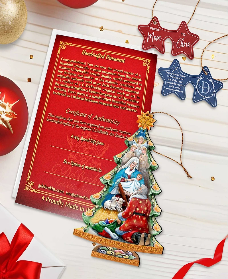 Designocracy Adoration Nativity Tree Christmas Wooden Ornaments Holiday Decor Set of 2 G. DeBrekht