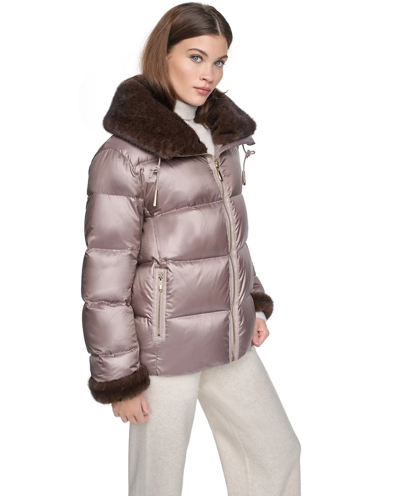 Halston Women's Short Faux Fur Cuffs and Collar Puffer