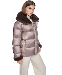 Halston Women's Short Faux Fur Cuffs and Collar Puffer