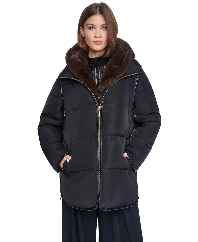 Halston Women's Faux Fur Bibbed Hooded Puffer