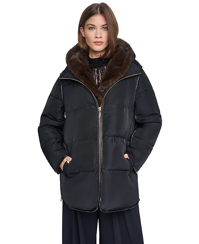 Halston Women's Faux Fur Bibbed Hooded Puffer