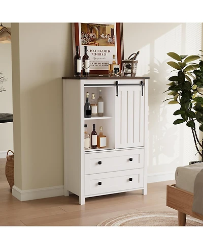 homfan Farmhouse 5 Drawer Dresser for Bedroom, Wood Dresser Chest of Drawer with Sliding Barn Door, Adjustable Shelf