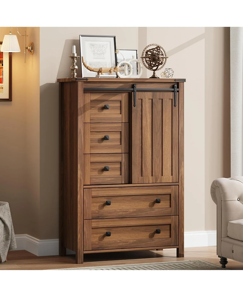 homfan Farmhouse 5 Drawer Dresser for Bedroom, Wood Dresser Chest of Drawer with Sliding Barn Door, Adjustable Shelf