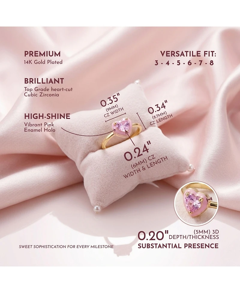 GiGiGirl Teens 14k Gold Plated with Pink Cubic Zirconia & Enamel Halo Heart Stacking Ring