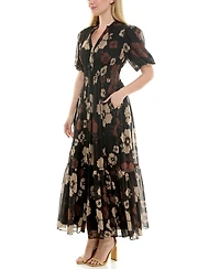 Taylor Women's Floral Print Puff-Sleeve Collared Polyester Shirt Dress