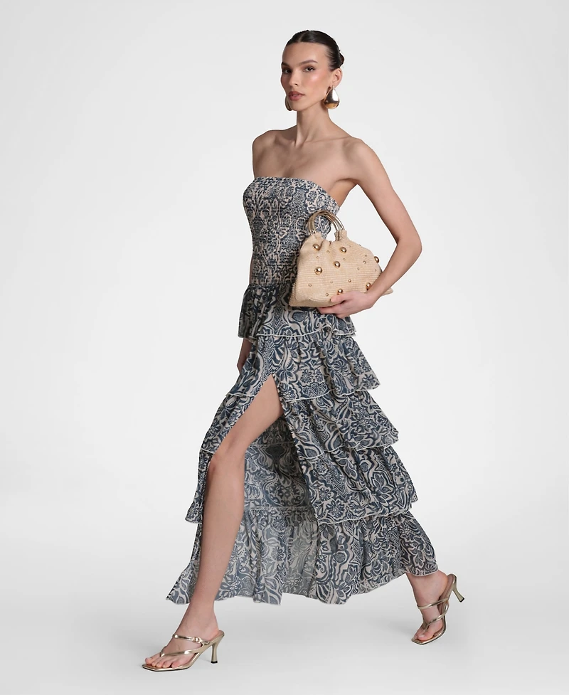 Avec Les Filles Women's Printed Smocked-Bodice Ruffle-Tiered Maxi Dress