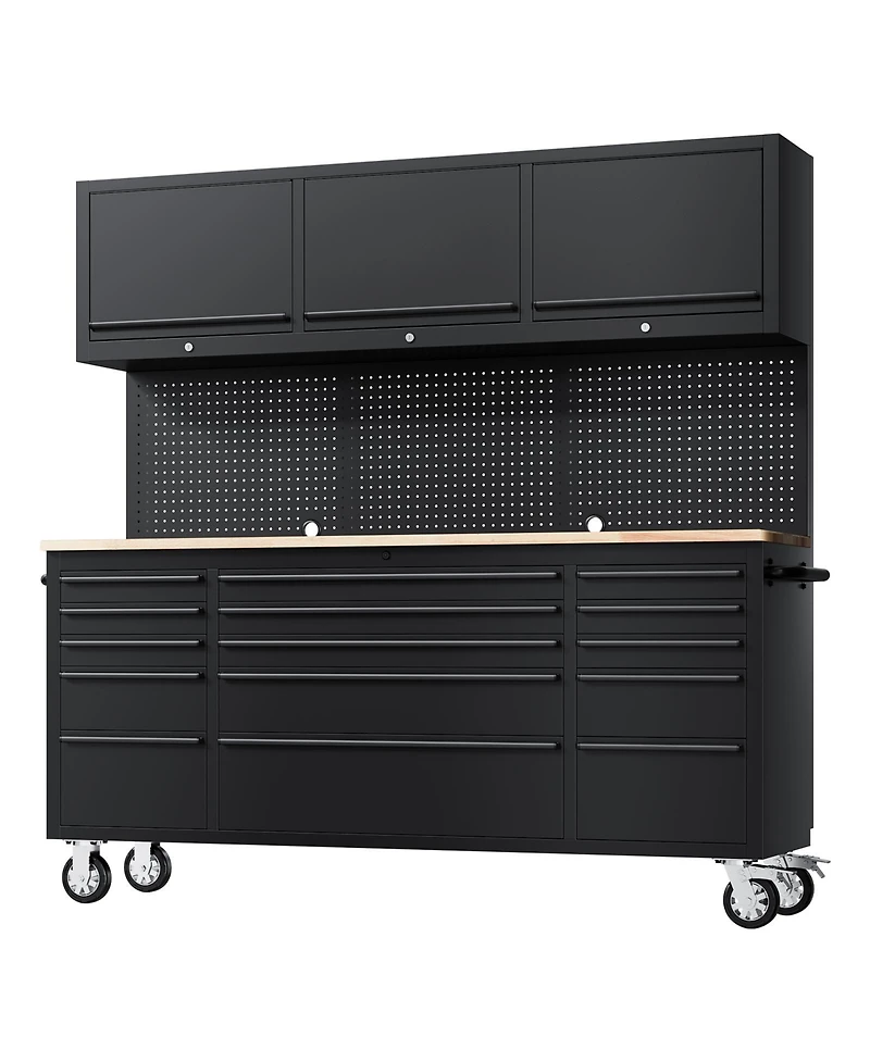 homfan 72 Inch 15 Drawer Workbench with 3 Locking Top Cabinets, Heavy Duty Steel and Rubber Wood Tool Chest