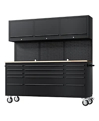 homfan 72 Inch 15 Drawer Workbench with 3 Locking Top Cabinets, Heavy Duty Steel and Rubber Wood Tool Chest