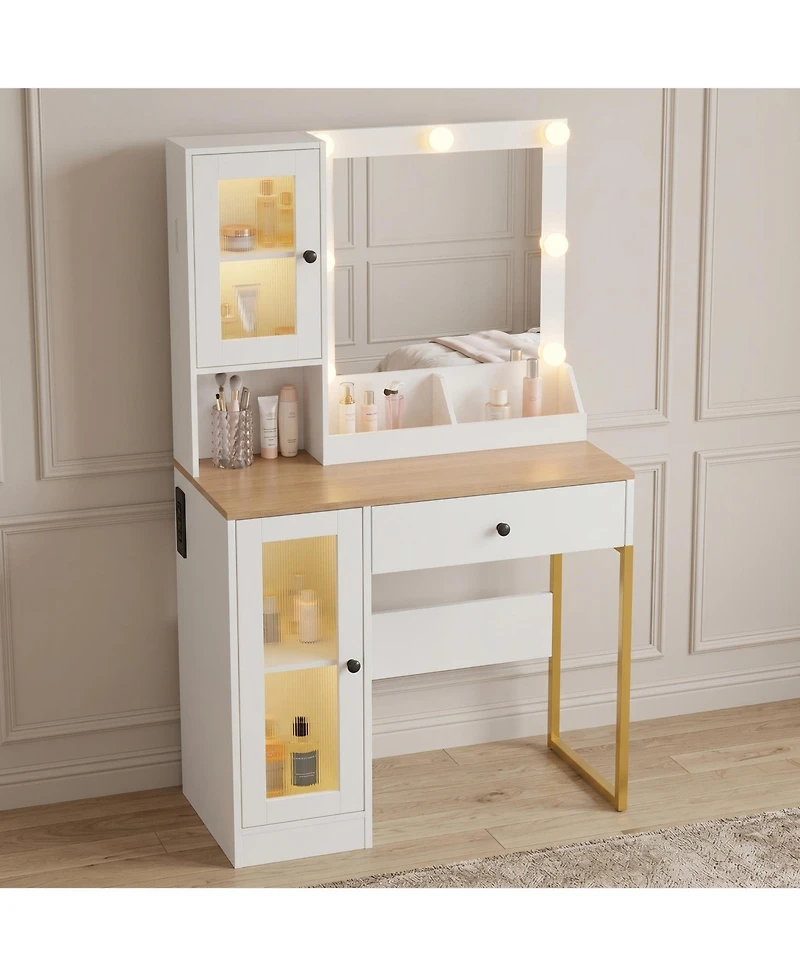 homfan Vanity Desk With Mirror Lights Dressing Table Adjustable Bulbs Outlets and Usb Ports Mdf Top Metal Leg Storage Drawers & Cabinets