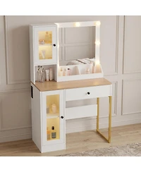 homfan Vanity Desk With Mirror Lights Dressing Table Adjustable Bulbs Outlets and Usb Ports Mdf Top Metal Leg Storage Drawers & Cabinets