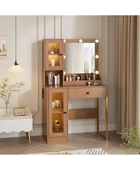 homfan Vanity Desk With Mirror Lights Dressing Table Adjustable Bulbs Outlets and Usb Ports Mdf Top Metal Leg Storage Drawers & Cabinets