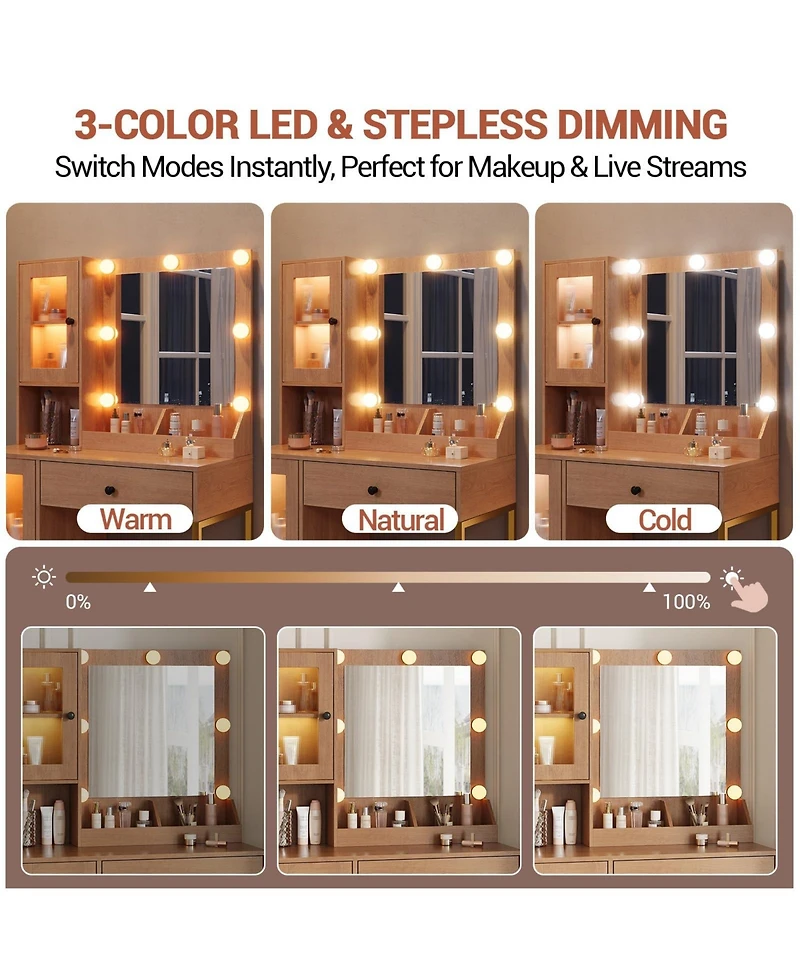 homfan Vanity Desk With Mirror Lights Dressing Table Adjustable Bulbs Outlets and Usb Ports Mdf Top Metal Leg Storage Drawers & Cabinets
