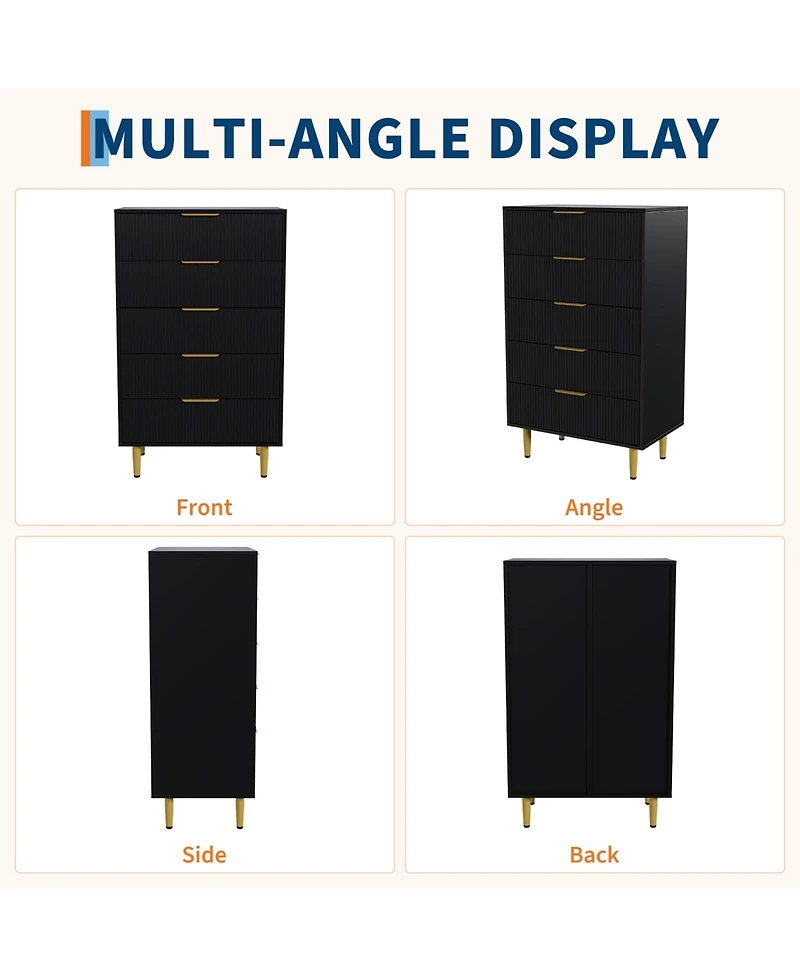 homfan Modern Fluted 5-Drawer Dresser with Gold Handles and Metal Feet for Bedroom, Living Room, Entryway, Nursery