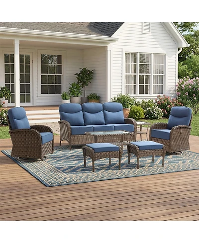 Pocassy Patio Furniture Set Wicker Conversation Rocking Bistro with Sofa, Coffee Table, Tempered Glass Side Table and Ottoman
