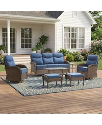 Pocassy Patio Furniture Set Wicker Conversation Rocking Bistro with Sofa, Coffee Table, Tempered Glass Side Table and Ottoman
