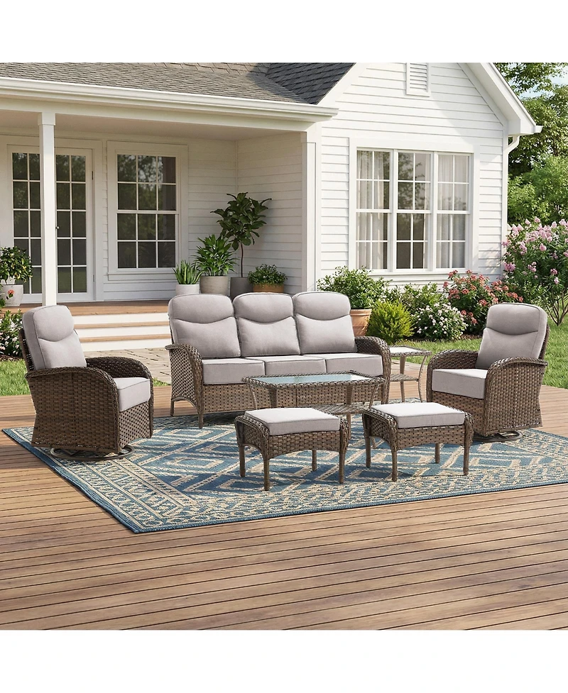 Pocassy Patio Furniture Set Wicker Conversation Rocking Bistro with Sofa, Coffee Table, Tempered Glass Side Table and Ottoman