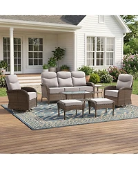 Pocassy Patio Furniture Set Wicker Conversation Rocking Bistro with Sofa, Coffee Table, Tempered Glass Side Table and Ottoman