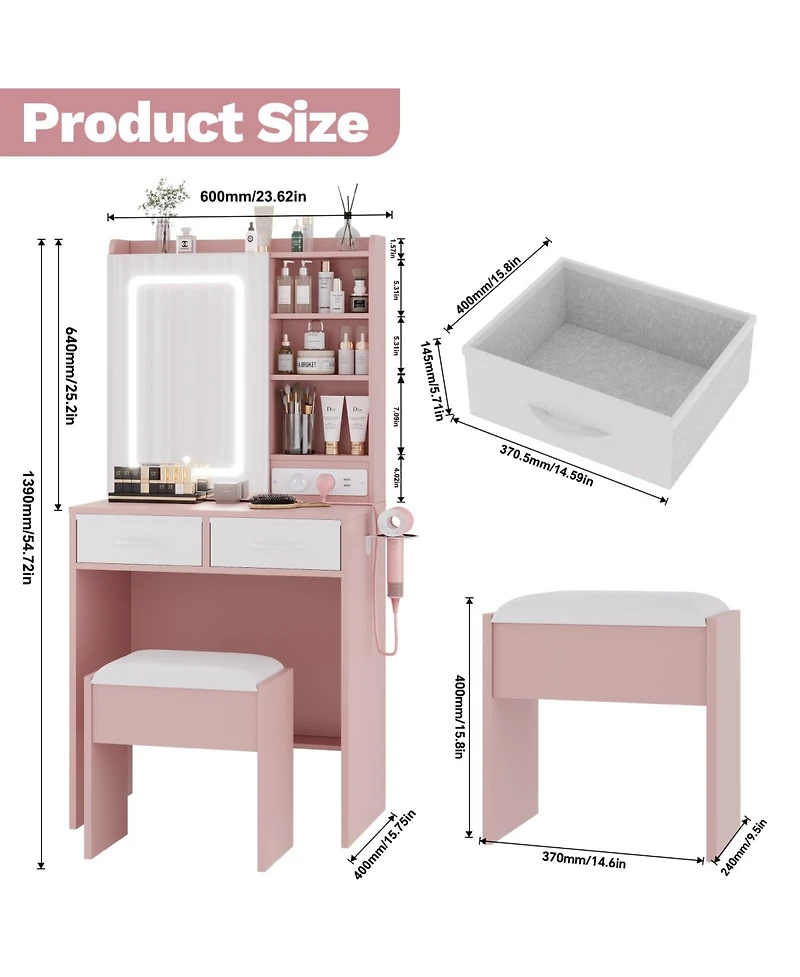 gaomon Vanity Set with Led Mirror and Charging Station, 2 Drawers, Cushioned Stool, for Bedroom