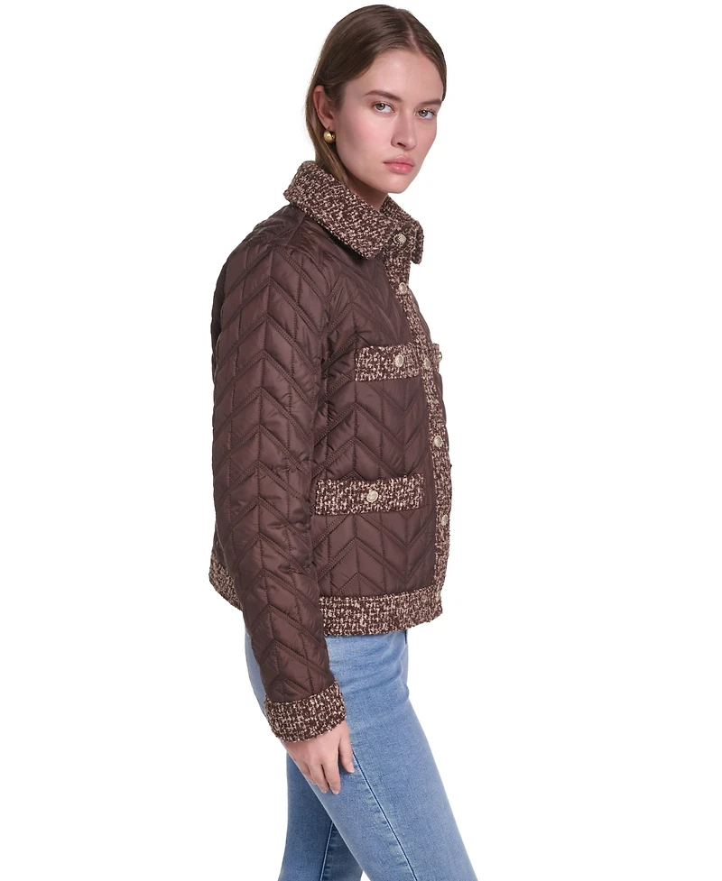 Karl Lagerfeld Paris Women's Quilted Tweed-Trim Coat