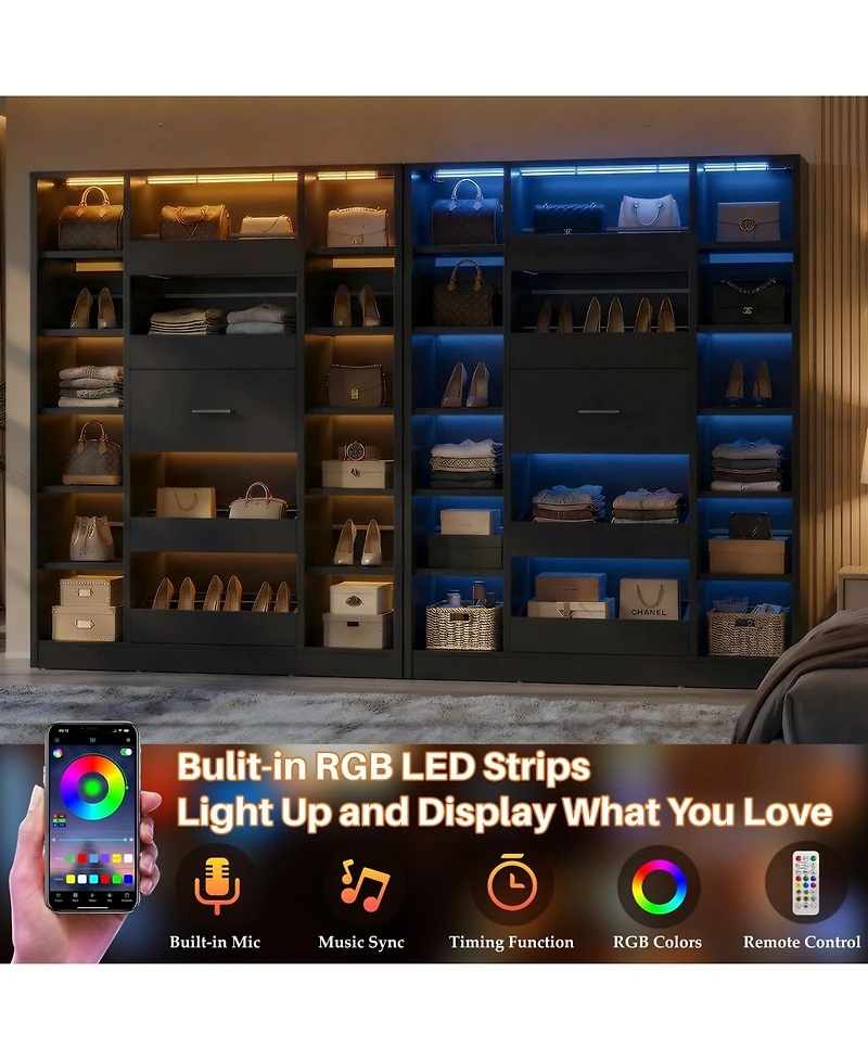 Aheaplus Wooden Shoes Cabinet with Led Lights, Freestanding Closet Organizer Drawer and Shelves