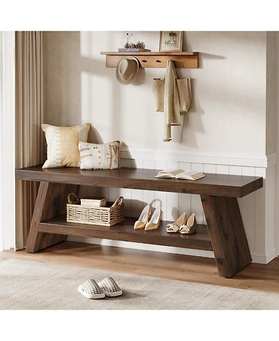 Tribesigns 2-Tier Entryway Bench, Hallway Foyer Solid Wood Seating with Open Shelves