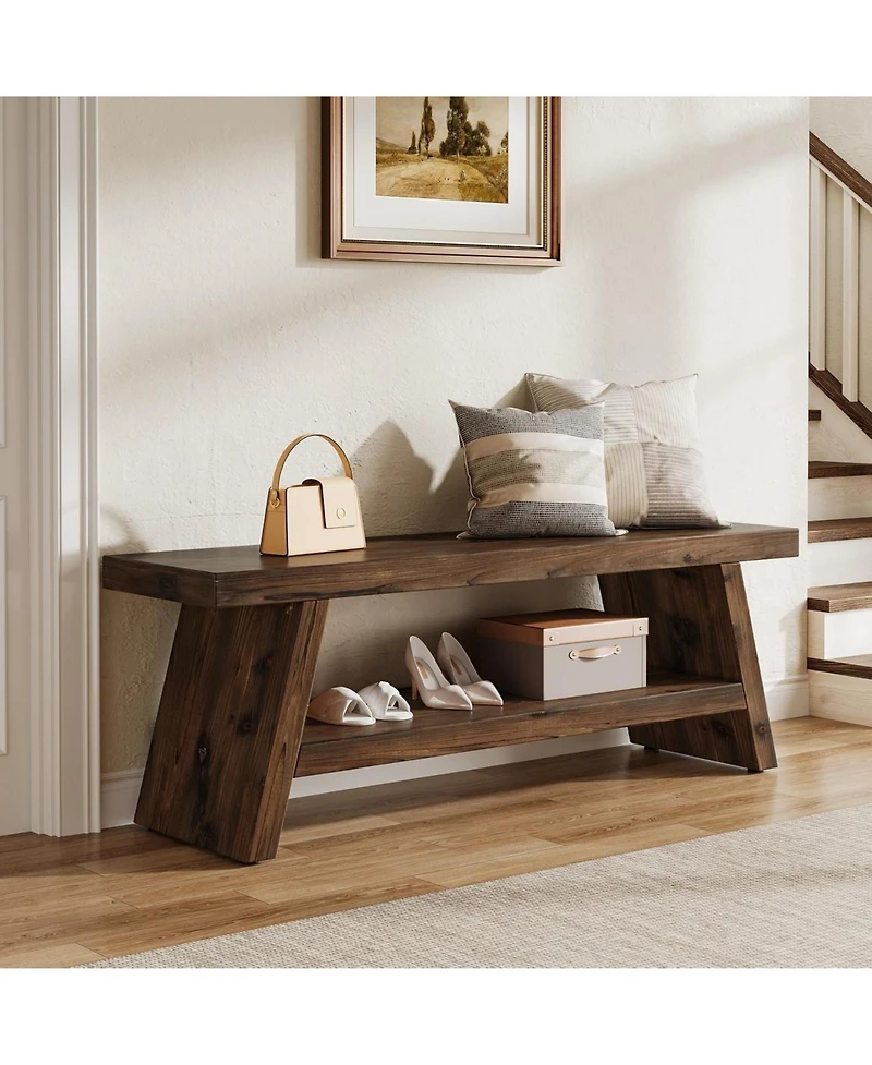 Tribesigns 2-Tier Entryway Bench, Hallway Foyer Solid Wood Seating with Open Shelves