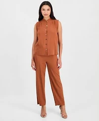 Anne Klein Womens Button Front Sleeveless Top Tie Waist Straight Leg Ankle Pants