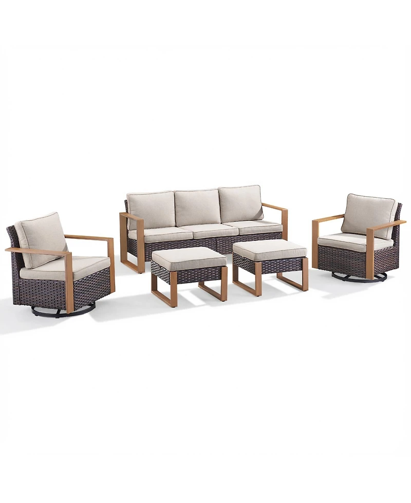 pocassy 5Pieces Patio Furniture Set, Outdoor Wicker Sofa Couch with Metal Armrest, Swivel Rocking Chairs, Ottomans