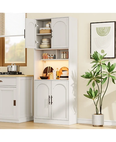 homfan 71" Tall Pantry Cabinet with Led Lights – Modern Kitchen Storage Hutch – Microwave Shelf – Adjustable Shelves – for Dining, Living Room