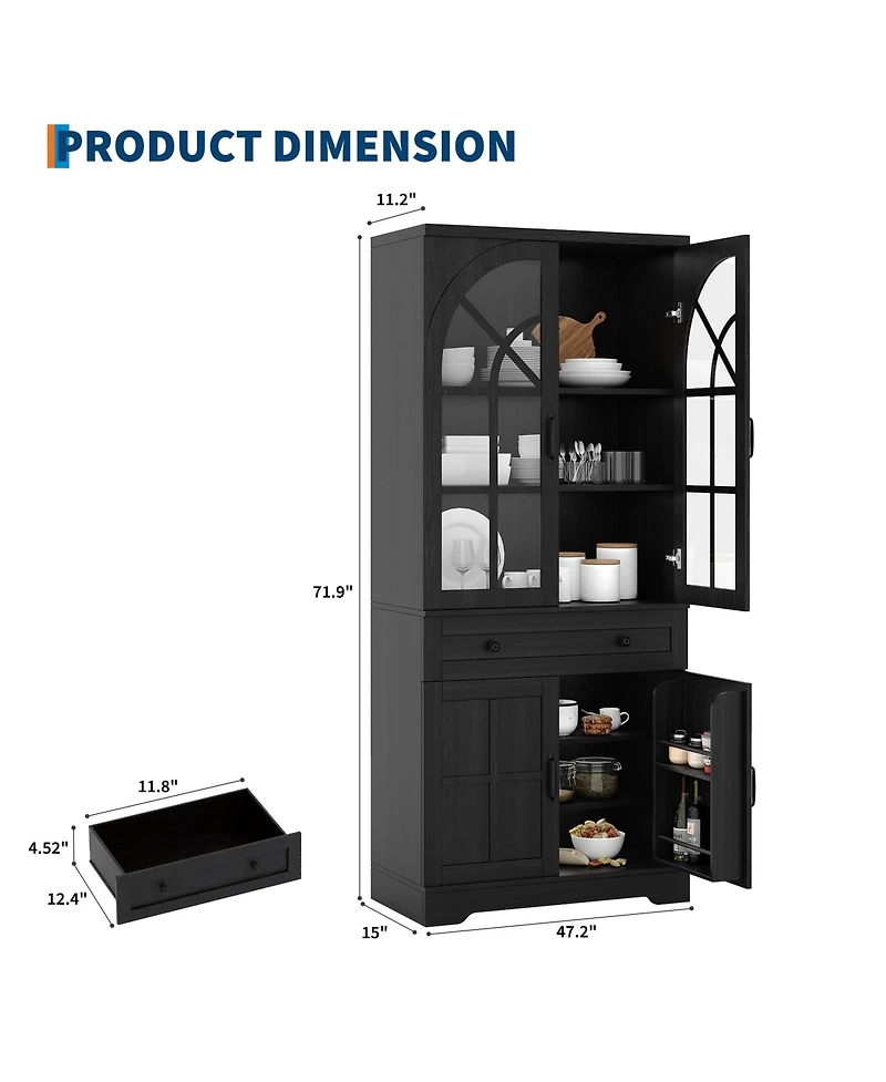 gaomon Tall Storage Cabinet with Arch Doors, Adjustable Shelves, Pb and Mdf Pantry, for Kitchen Dining Room