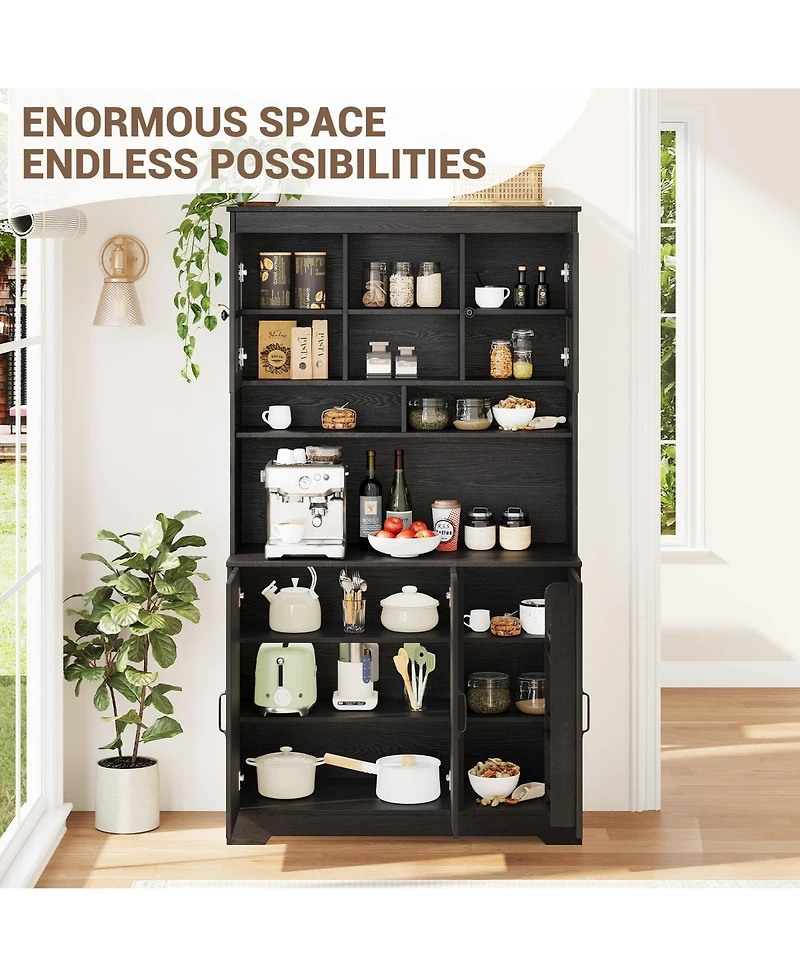 gaomon 70.9-Inch Kitchen Pantry Cabinet with Hutch, Glass Doors and Charging Station for Dining Room