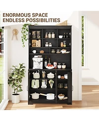 gaomon 70.9-Inch Kitchen Pantry Cabinet with Hutch, Glass Doors and Charging Station for Dining Room