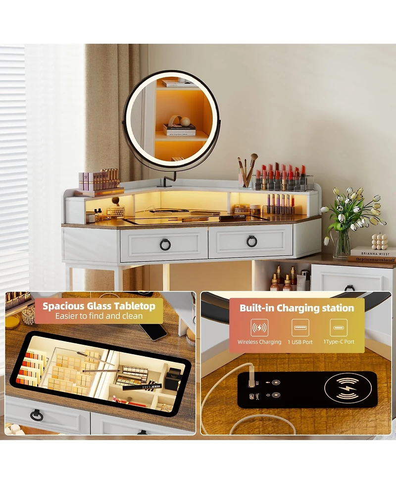 Vlsrka Corner Vanity Desk with Rotating Mirror and Lights