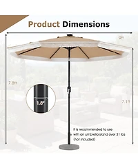 Gymax 9FT Solar Patio Umbrella w/24 Led Lights Fringe Push Button Tilt Crank Handle
