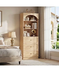 Aheaplus Wooden Pantry Storage Cabinets with 3-Tier Open Shelves, 80" Tall Bookshelf 3 Drawers