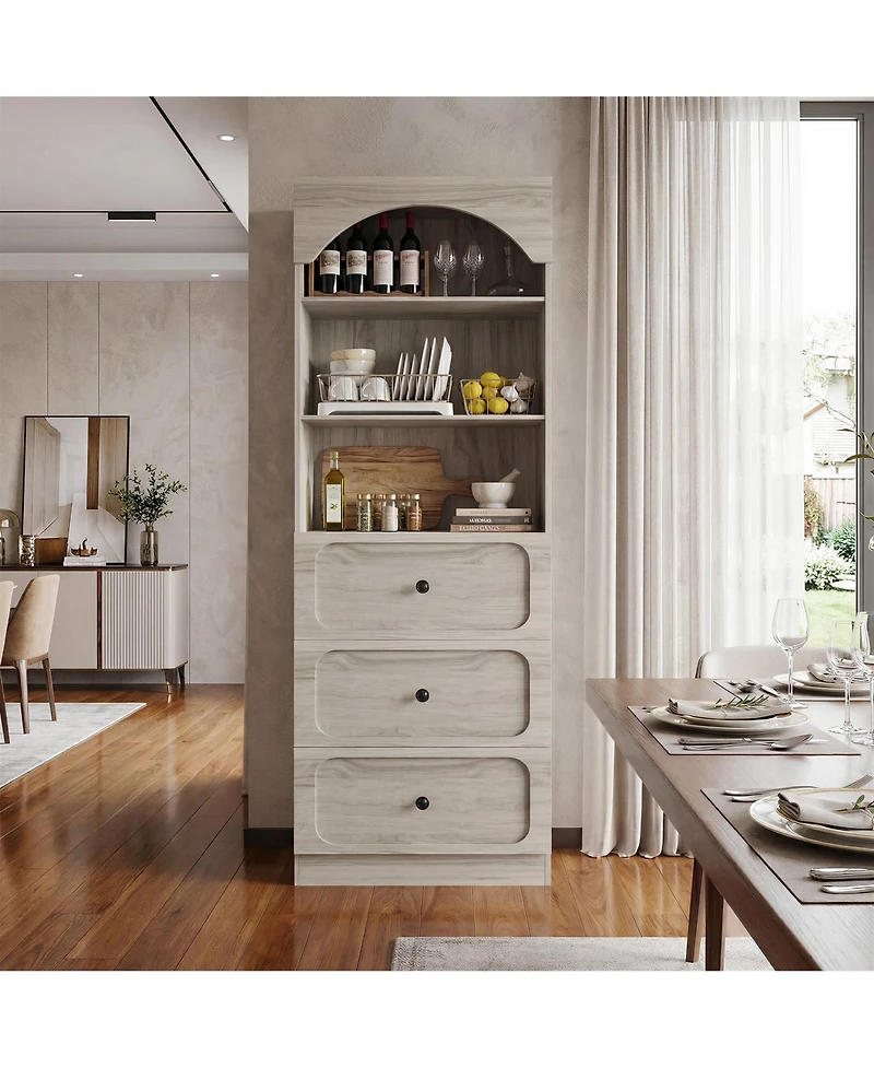 Aheaplus Wooden Pantry Storage Cabinets with 3-Tier Open Shelves, 80" Tall Bookshelf with 3 Drawers