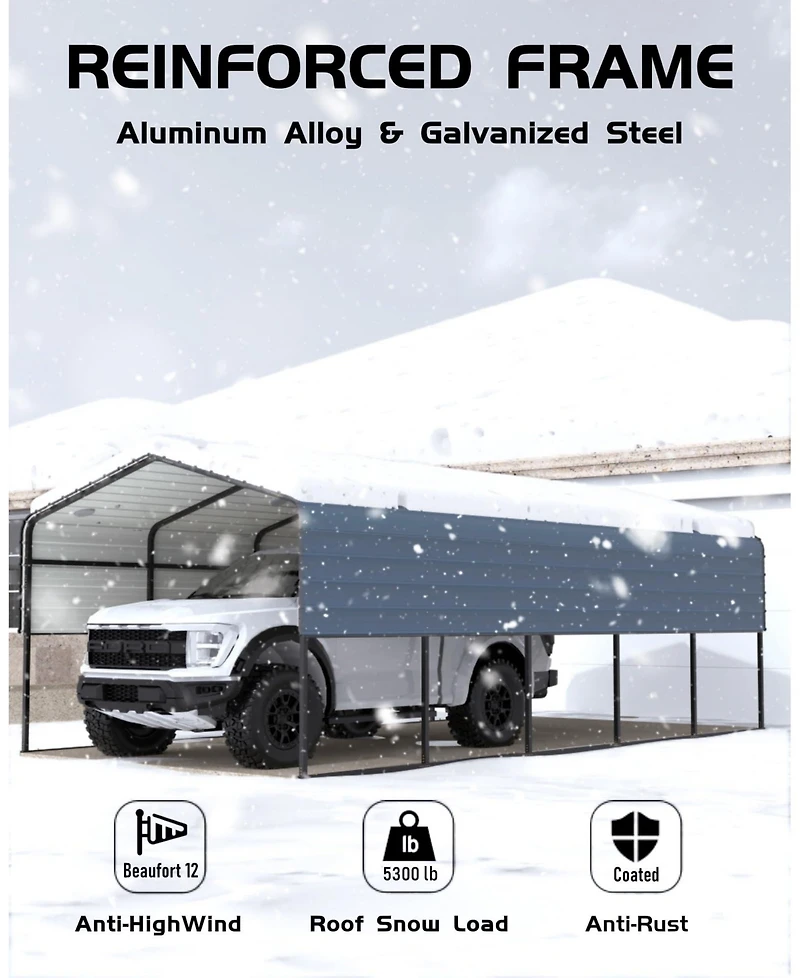 Homfan 13 x 26 x 10 Ft Heavy Duty Iron Carport Garage for Cars Trucks Boats Rv, Outdoor Metal Vehicle Shelter with Side Supports