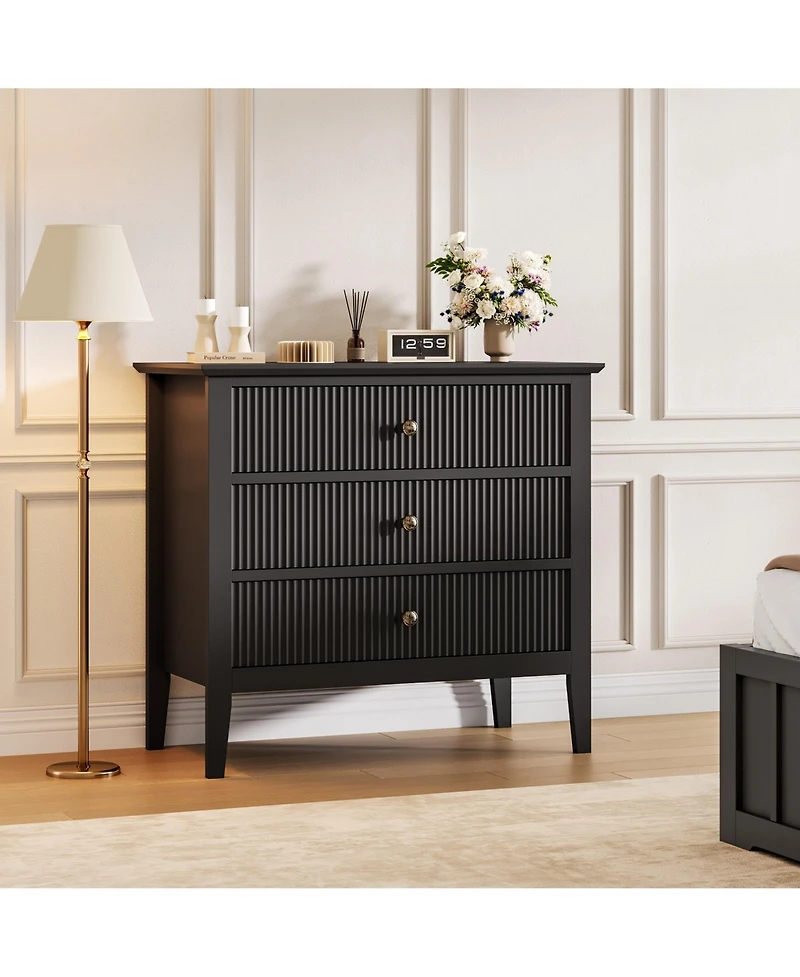 homfan Modern Fluted 3-Drawer Dresser with Gold Handles, Metal Legs and Anti-Tip Kit for Bedroom or Living Room